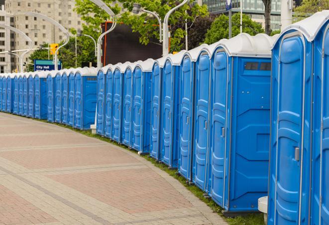 a line of portable restrooms at an outdoor wedding, catering to guests with style and comfort in Ashland, MA